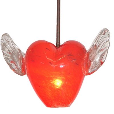 lampara en forma de corazón y alas de vidrio soplado